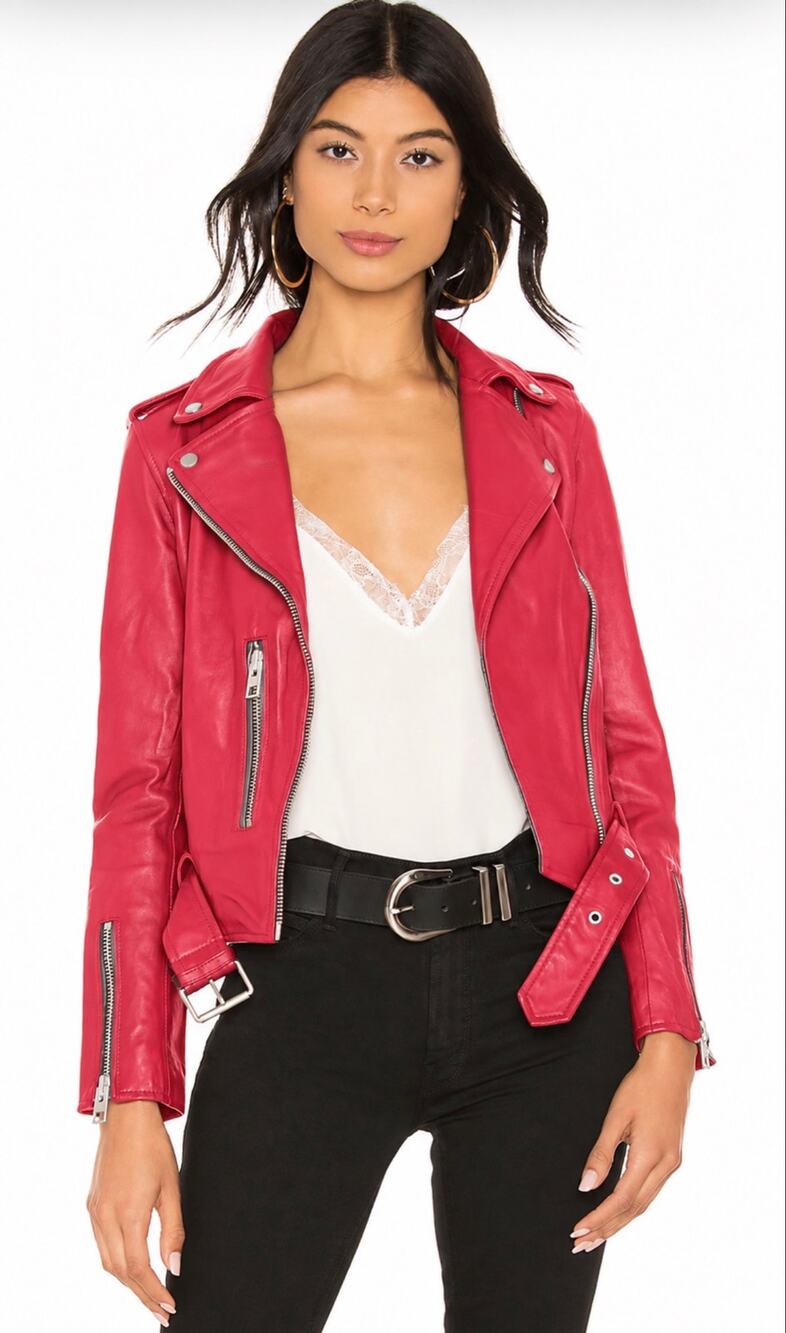 ALLSAINTS Balfern Leather Biker Jacket Coral Red Size 2